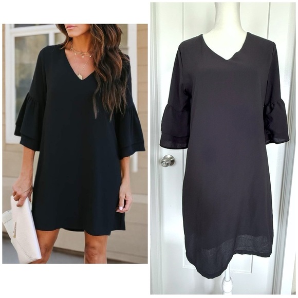 Belongsci Dresses & Skirts - Belongsci Black V-Neck Bell Sleeve Shift Dress – Size XS